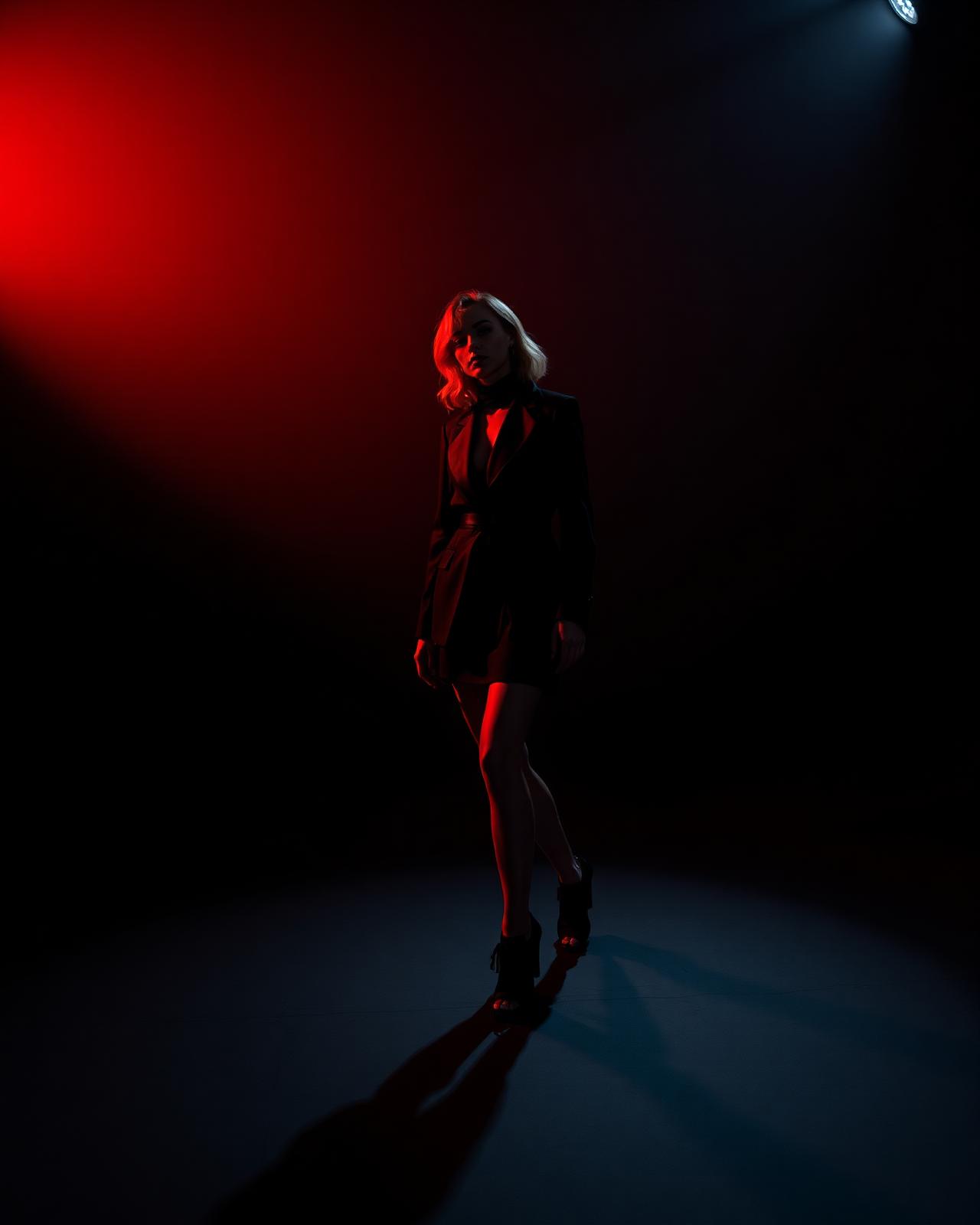 Editorial shoot — solo talent under red rim light