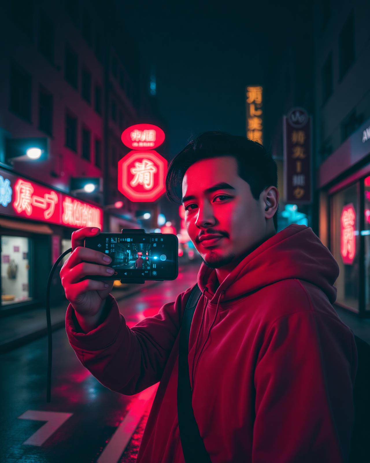 Creator shooting a reel on a neon-lit street